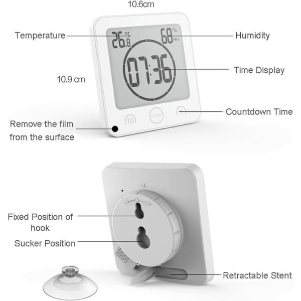 Kylpyhuoneen kelloajastin vedenpitävä kylpyhuoneen lämpömittari Kosteusmittari Kylpyhuoneen meikkikeittiö (valkoinen)
