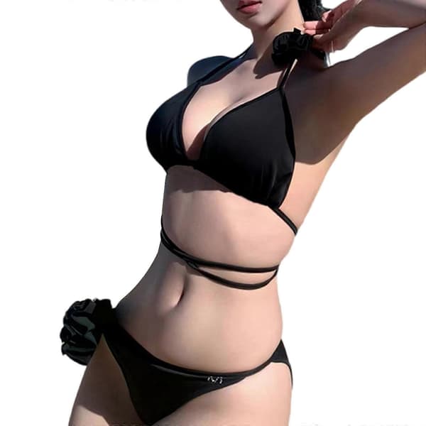 Dam 3D Blommig String Bikini Set Halterneck Trosor Baddräkt med Midjeband Damer Triangulära String Badkläder Svart XL