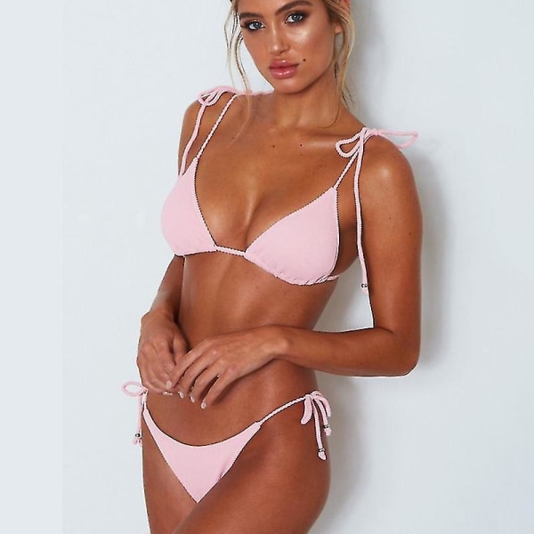 Dam Push-up vadderad bikini Set Strappy Baddräkt Strandkläder Pink S