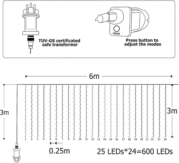 (varm hvid) Gardinlys 6m x 3m, 600 LED, 8 julelys