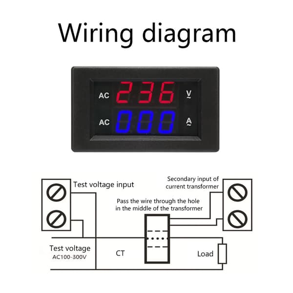 Digital LED voltmeter/strømmåler - AC 100~300V, 0-100A (rød/blå)