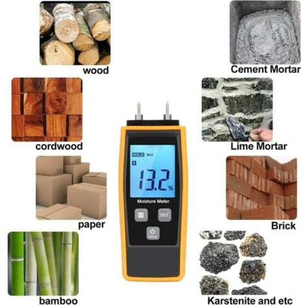 Kosteusmittari, seinä- ja puukosteusmittari, vuotomittari, kosteus, sementtilaasti, vesipitoisuuden ilmaisin LCD-taustalla