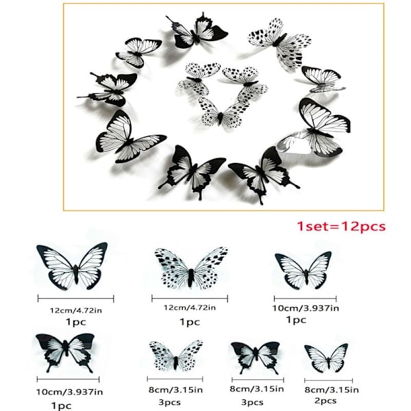 12 stk Sort Hvid 3D Butterfly Home Decor Wall Stickers