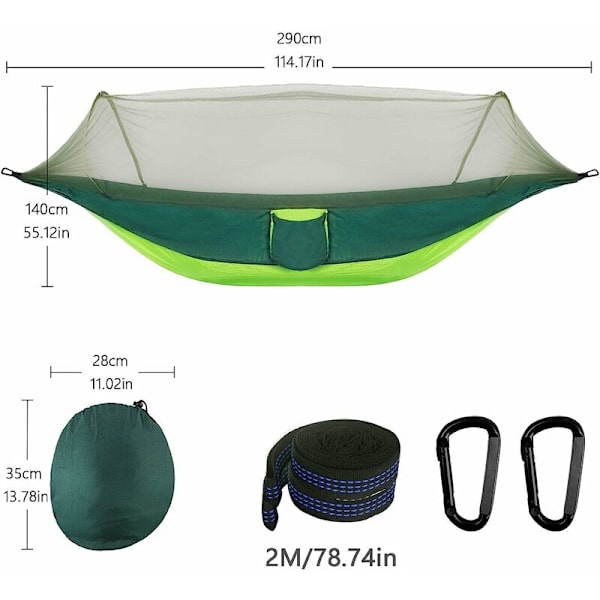 Grönt nät 250*120 automatisk öppningshängmatta med myggnät nylon utomhushängmatta