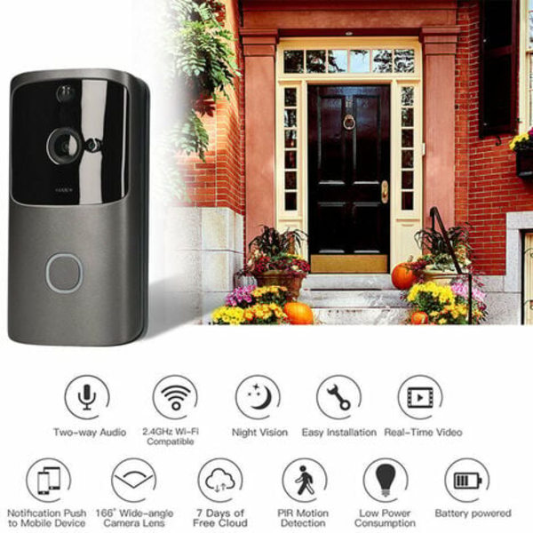 Trådlös Wi-Fi videodörrklocka 720P visuell realtidsintercom Videoklockadetektering 166° nattseende smart dörrklocka, grå