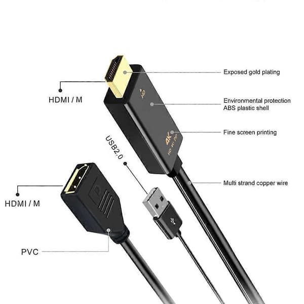 H146 HDMI Han + USB 2.0 Han til DisplayPort Hun Adapterkabel, Længde: 25cm