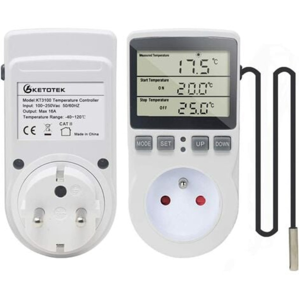 220V digital temperaturregulator termostatstikdåse Varmekøling med sonde, LCD temperaturregulatorstik til