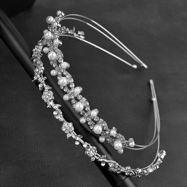 Bridal Pannband Huvudbonad Bröllop Födelsedag Krona Huvudbonad Pearl Strass Silver