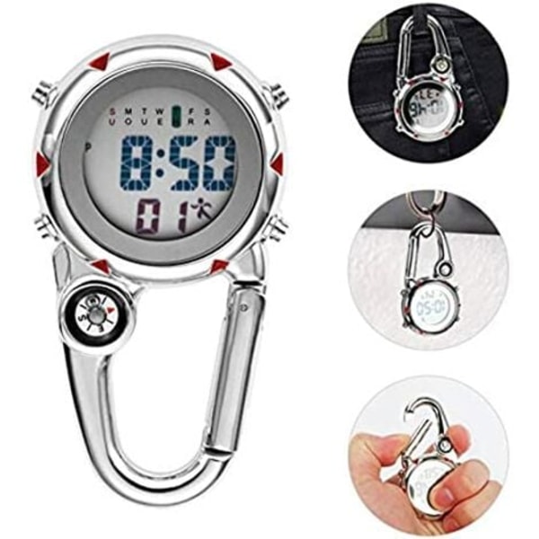 Carabiner Watch Clip on Carabiner Multifunction Quartz Watch Luminous Face FOB Digital Watch with Compass for Doctors Nu