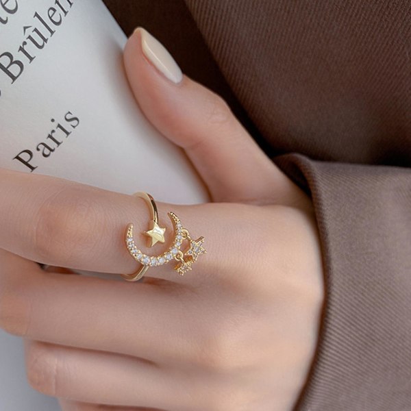 Kvinner Ring skinnende Rhinestone Rustfritt Åpning Måne og Star Knoke Ring Bride smykker Platinum