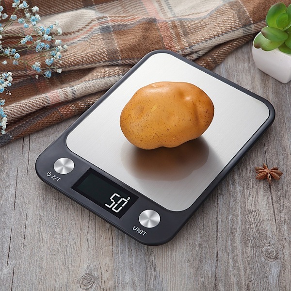 Korkealaatuinen ruostumattomasta teräksestä valmistettu digitaalinen keittiö-/konditoriavaaka gramma- ja unssitoiminnoilla, jopa 5 kg 1 gramman tarkkuudella