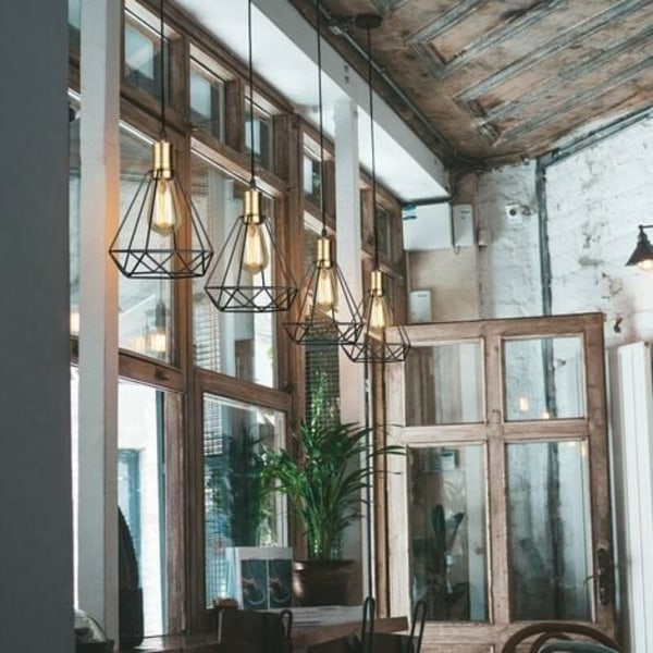 Sett med 2 Retro industriell LED-pendellampe med diamantbur, E27-pendellampe i jern, svart og ideell for spisestue, Livin