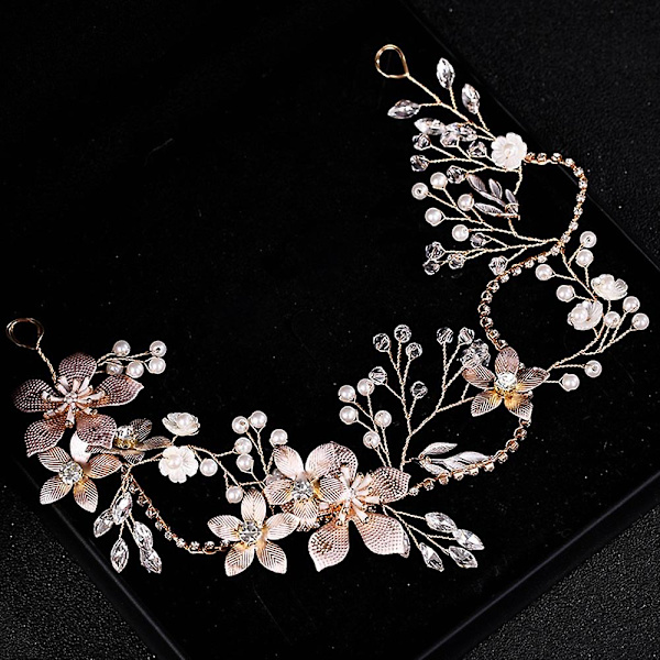 Håndflettet blomster pandebånd Brude Tiara Pearl Grab Chain Hovedbeklædning tilbehør
