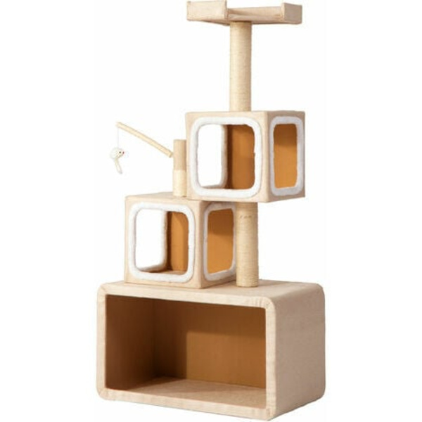 Cat Tree 140 cm Kartokner skrapstolpe med spelrep + hörnskrapstolpe med spelrep, vit/beige