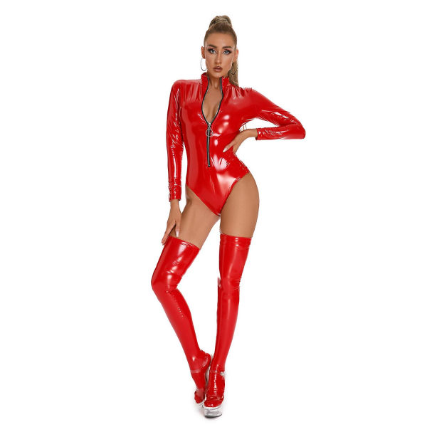 Het kattsuit i konstläder Erotiska kvinnor Sexiga underkläder PVC Latex bodysuit Front Dragkedja Bodycon Jumpsuits med strumpa Stretch Red-B XL