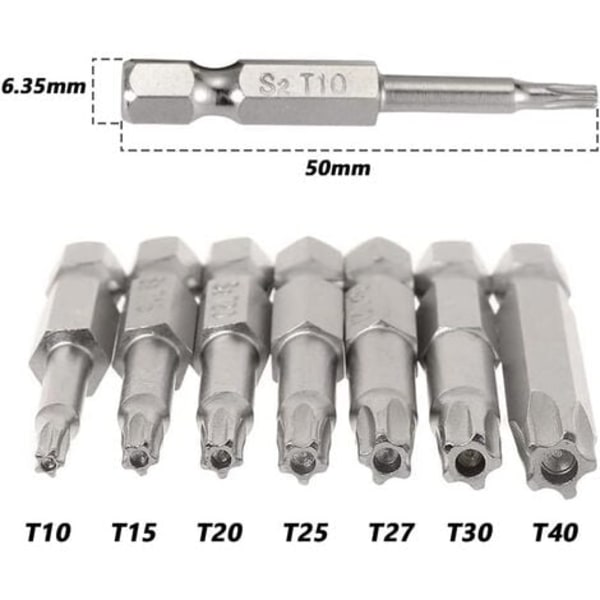 Sett 7 stk 6,35 mm sekskantskaft Stjernehode magnetisk skrutrekkerbitsett, S2 stål T10-T40 skrutrekkerbits 50 mm med tilbaketrekk