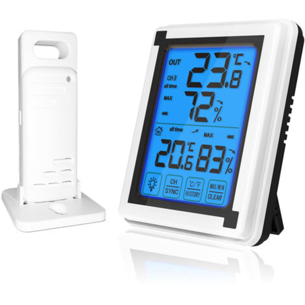 LCD stor pekskärm digital trådlös termometer och hygrometer med sändare (levereras utan batteri)