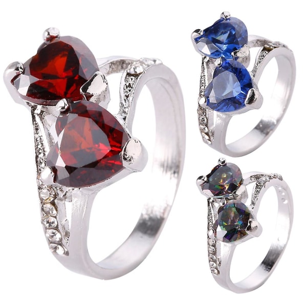 Muoti Naisten Ylellinen Cubic Zirkonia tekojalokivi upotekoristeinen Double Love Heart Ring Blue US 10