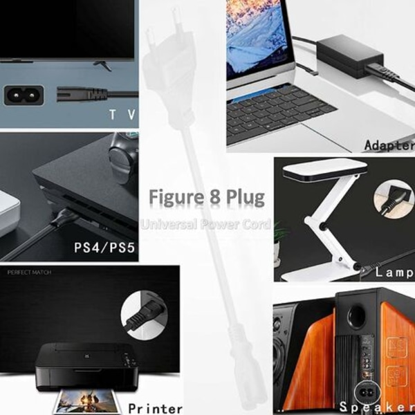 Power 1,5 meter 2-stifts eurokontakt Power för Samsung Philips LG Sony TV, PS4, PS3, PC-skärm, Skrivare Svart