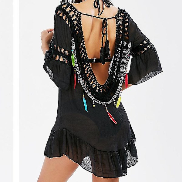 Dam Baddräkt Bikini Mini Klänning Fjäder Tofsar Strandkläder