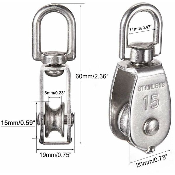 12 stykker M15 rustfritt stål enkel remskive anti-korrosjon og anti-rust driv wire trinse wire tau,