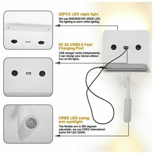 3W "Slange" led væglampe + læselys med usb port | Sort - Sort