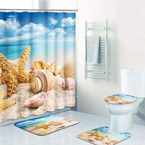 Sett med 4 sjøstjerner Seashells Beach Blue Sky Ocean Ferie dusjgardiner med sklisikre tepper Toalettlokk og badematte flaggermus