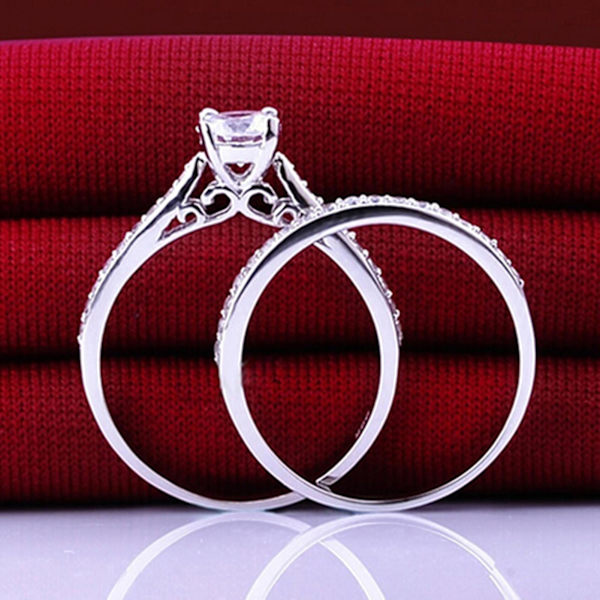 2st/ set Ring Glänsande Cubic Zirconia Pläterad Silver Romantisk Par Finger Ring För Bröllop US 8