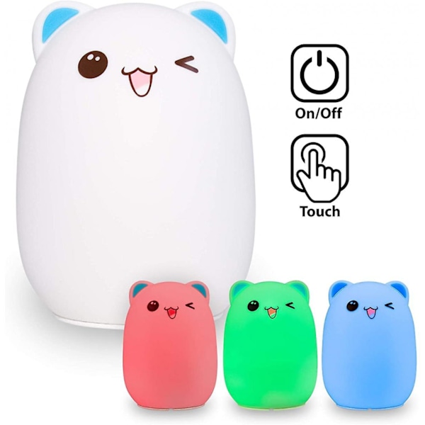 LED børnenatlampe, USB genopladelig, blød silikone touch snooze lys, farveskiftende natlampe, blå fræk bjørn. Klap lys