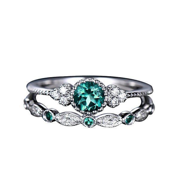 2st/ set Kvinnor Cubic Zirconia Inlagd Stapelbar Fingerring Bröllop Smycken Present Green US 9