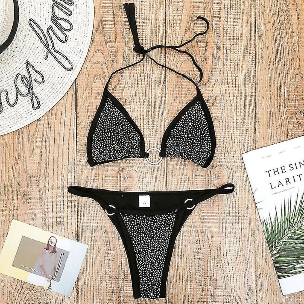 Sexet Kvinder Rhinestone Crystal Push-up Bikini Sæt Badedragt Black M