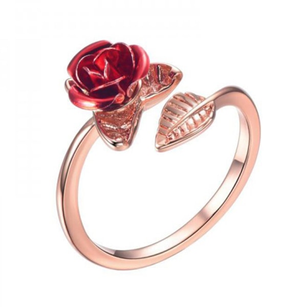 Kvinnor Circlet Röd Rose Öppningsblad Justerbar Kvinnor Ring för Alla hjärtans dag Rose Gold