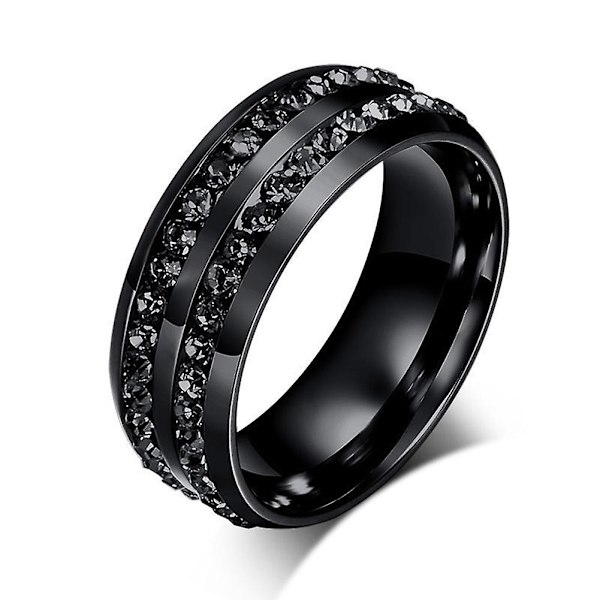 Unisex svart 2-rads rhinestone rostfritt stål bröllopsring Us storlek 7-12 9
