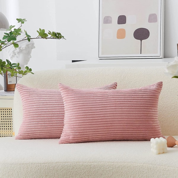 Lændepudebetræk 2-pak dekorativt stribet fløjl rektangel pudebetræk aflange pudebetræk til sofa 12 * 20*Inch Baby Pink