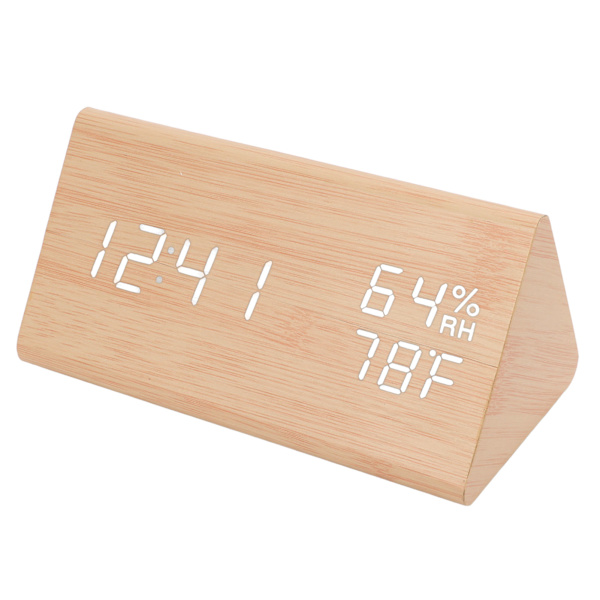 Triangulär digital träklocka Tid Datum Temperatur Luftfuktighet Display Alarmfunktion Röststyrd LED Träklocka