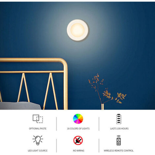 RGB 16 farger Byttbare LED-lamper Skaplys Rundt Pat-lys 3*AAA-batteri uten batteri, 6 stk sett med 2 fjernkontroller