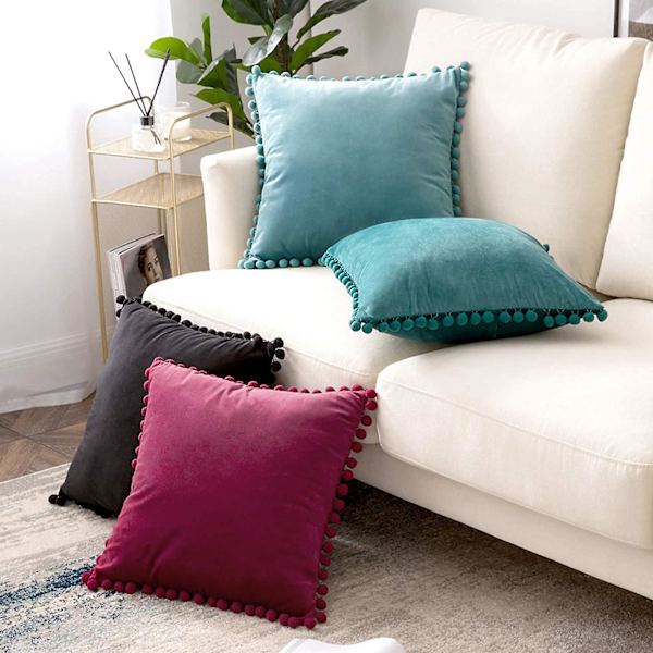 Paket med 2 Sammets-kuddfodral Pompom Dekorativa örngott Solida mjuka kuddfodral Med Poms Fyrkantig För Soffa Soffa Sovrum Bil 18x18tum Da 20 x20 Green