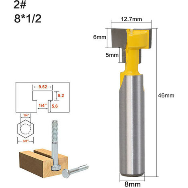 2 STK 8 mm skaft T-slids fræser Bit Sæt Træskæring T-slids Træbearbejdning T-slids fræsere til 9,52 mm og 12,7 mm sekskantbolt Yello