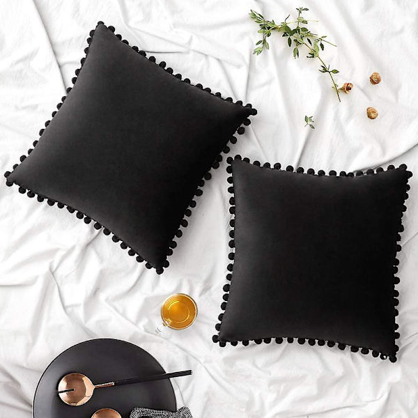 Paket med 2 Sammets-kuddfodral Pompom Dekorativa örngott Solida mjuka kuddfodral Med Poms Fyrkantig För Soffa Soffa Sovrum Bil 18x18tum Da 18 x18 Black