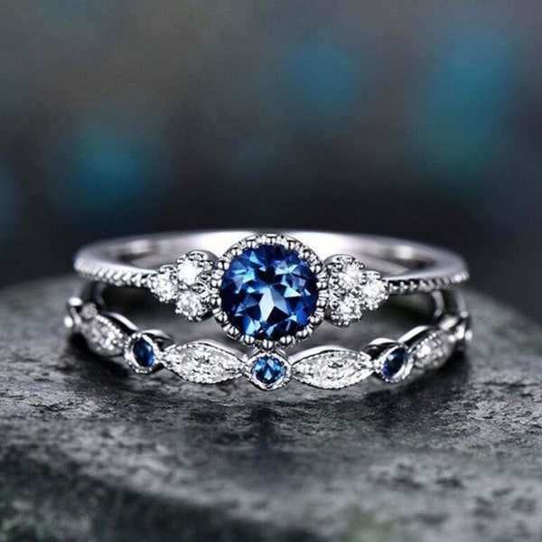 2 stk/sæt Udsøgt glat overflade Bryllupsringe Legering Simple Cubic Zirconia Dameringe Charmsmykker Lake Blue US 10