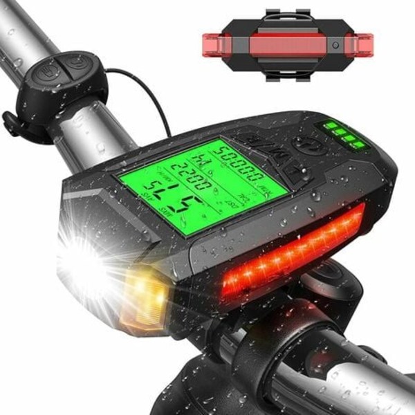 Sykkellys, USB oppladbart sykkellys med hastighetsmåler Sykkelcomputer LED-sykkellys foran og bak Kraftig lys for MT