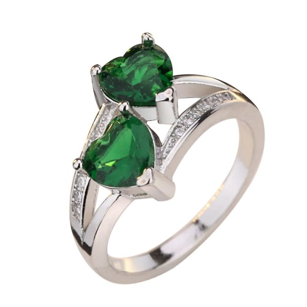 Dammode dubbel hjärtform Cubic Zirconia Inlagd Finger Ring Smycken Present Green US 7