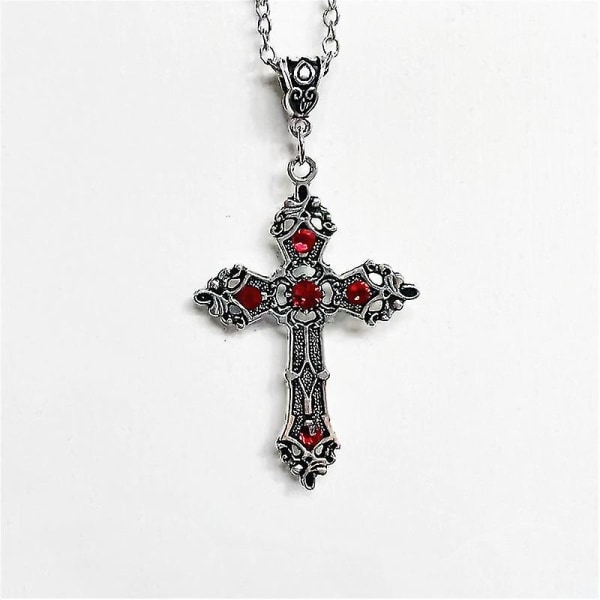 Vintage barokk kristen kors halskjede sølv farge med krystaller gotisk påske unisex smykker