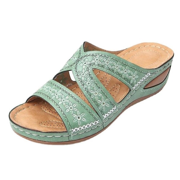 Kvinner Floral Fish Toe Wedge Sandaler Fritidssko Green 42