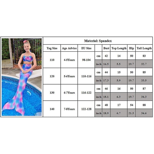 Girl Mermaid Tail Bikini Set Beachwear Badedrakt Blue Pink 7-8 Years