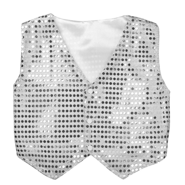 Børn Drenge Dance Performance Kostume Pailletter Vest Jakke Silver 150cm