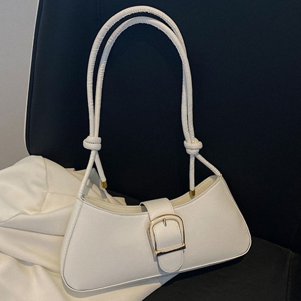 Elegant Justerbar PU Läder Dam Axelväska i Vintage Stil - Vit Handväska med Rem