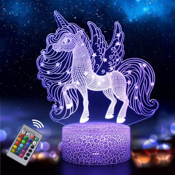 Unicorn Night Light til børn og baby, genopladelig 3D Illusion-lampe 16 skiftende farver med fjernbetjening, fødselsdag og