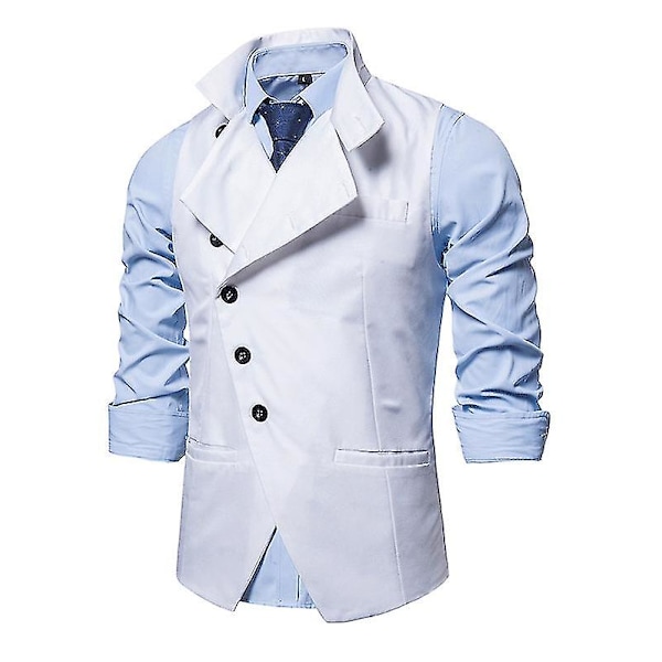 Män Lapel Suit Väst Casual Snygg enfärgad väst L White