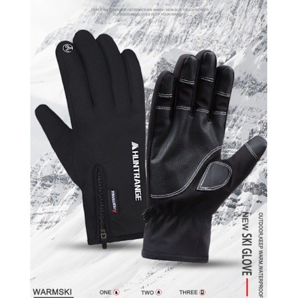 Vinter skihandsker lynlås mænd og kvinder vandtæt udendørs sport ridning plus fløjl tykke varme handsker touch screen Mountaineering XL Sort